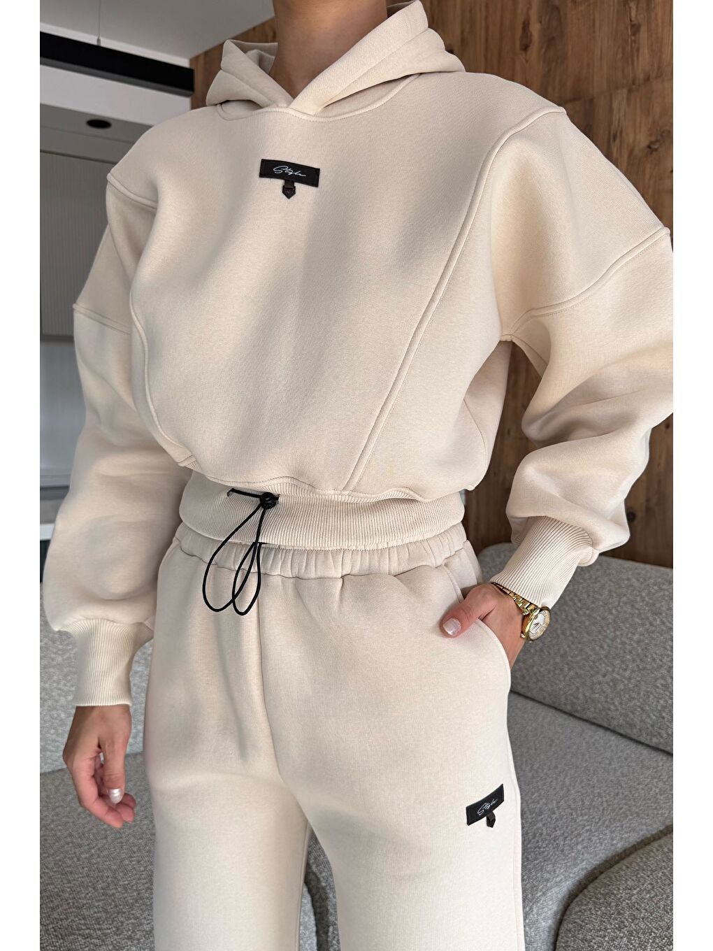 Bej Kadın Üç İplik Şardonlu Kapüşonlu Eşofman Takımı-3
