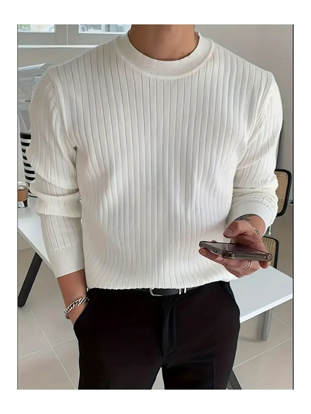 Beyaz Erkek Bisiklet Yaka Slim Fit Triko Kazak