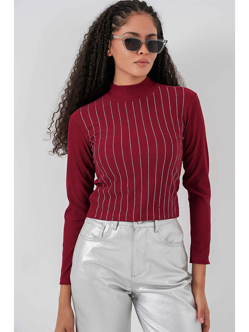 Kadın Bordo Yarım Balıkçı Önü Taşlı Body HZL25W-BD19221