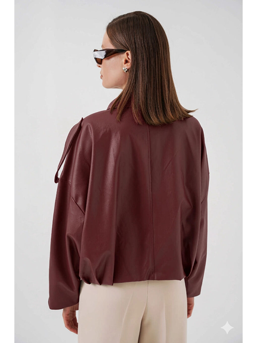 Kadın Bordo Oversize Fermuarlı ve Düğmeli Yandan Cepli Suni Deri Ceket HZL25W-BD110551-3