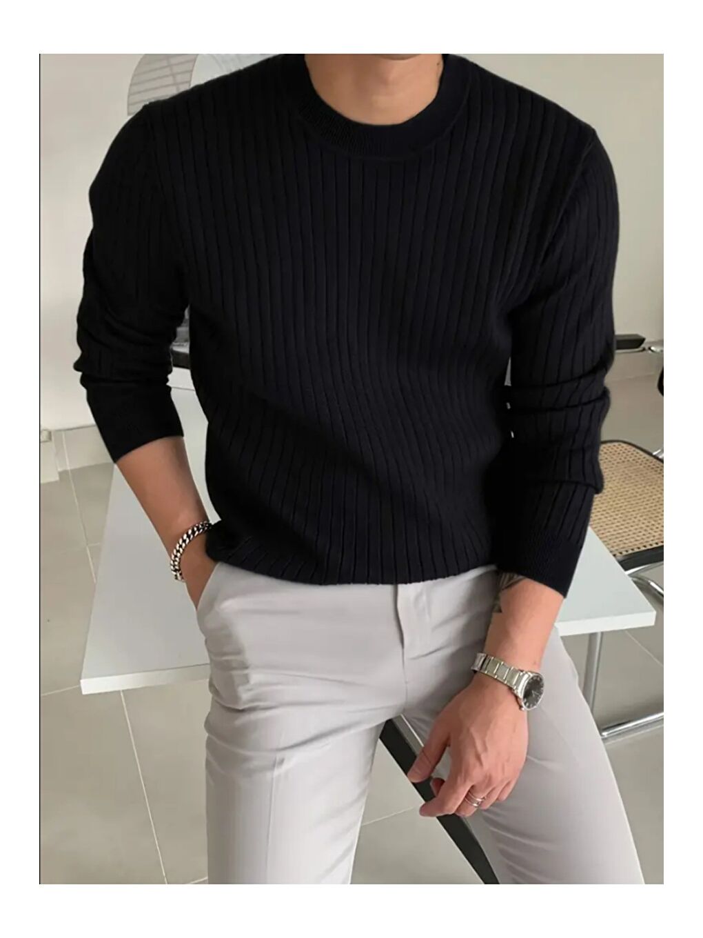 Siyah Erkek Bisiklet Yaka Slim Fit Triko Kazak-1