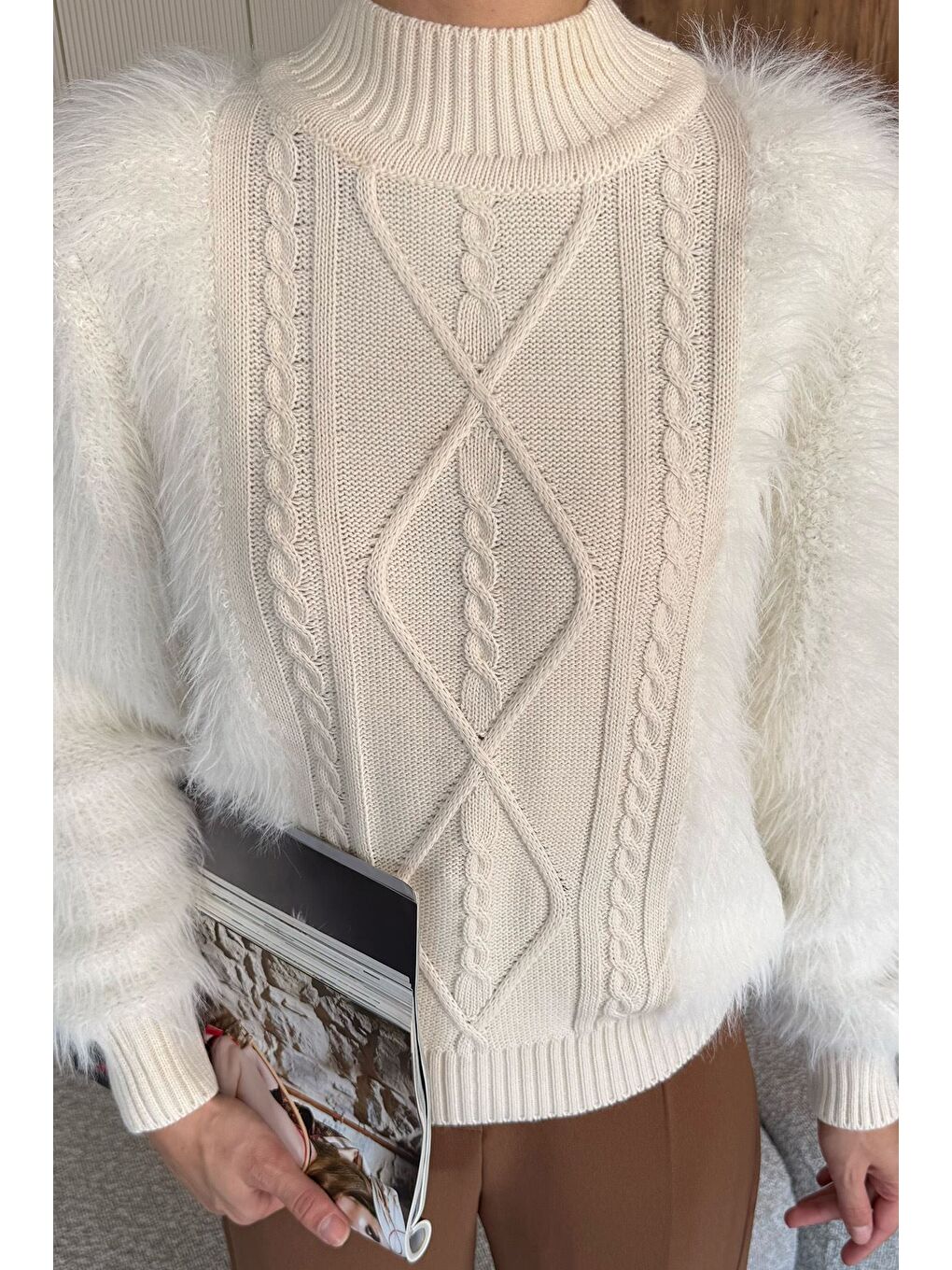 Ekru Kadın Balıkçı Yaka Sakallı Triko Kazak (s-m-l Uyumludur)-3