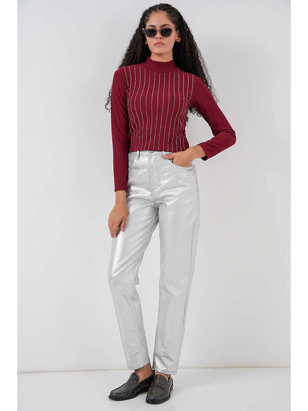 Kadın Bordo Yarım Balıkçı Önü Taşlı Body HZL25W-BD19221-1