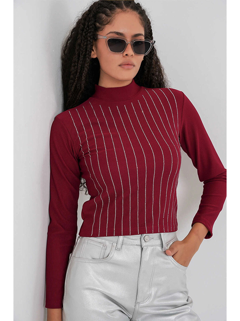 Kadın Bordo Yarım Balıkçı Önü Taşlı Body HZL25W-BD19221-2