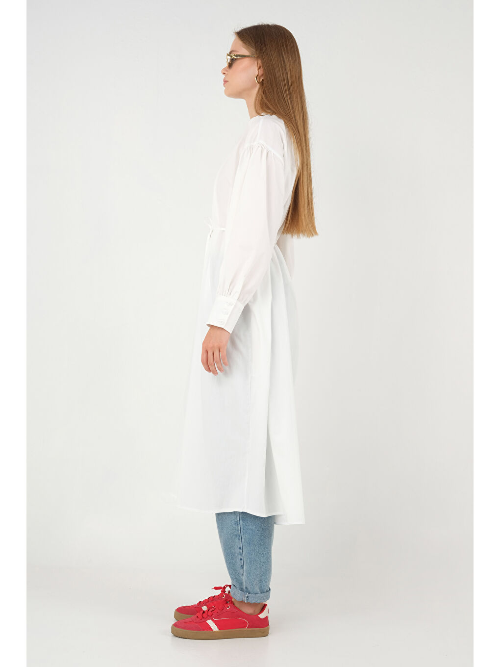 Yakası Büzgülü Poplin Gömlek Beyaz-3