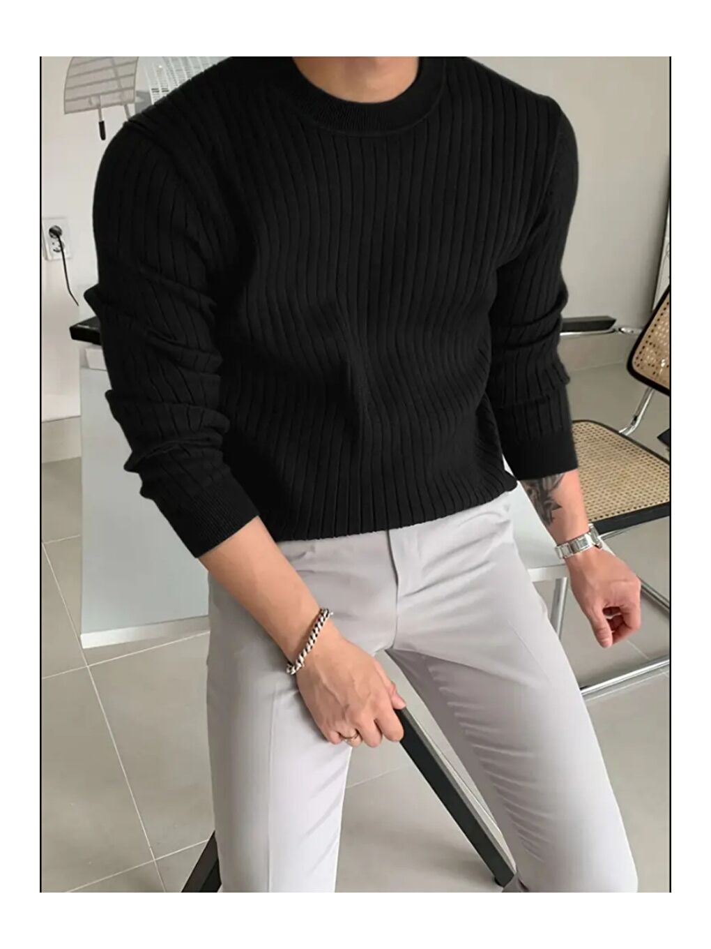 Siyah Erkek Bisiklet Yaka Slim Fit Triko Kazak-2