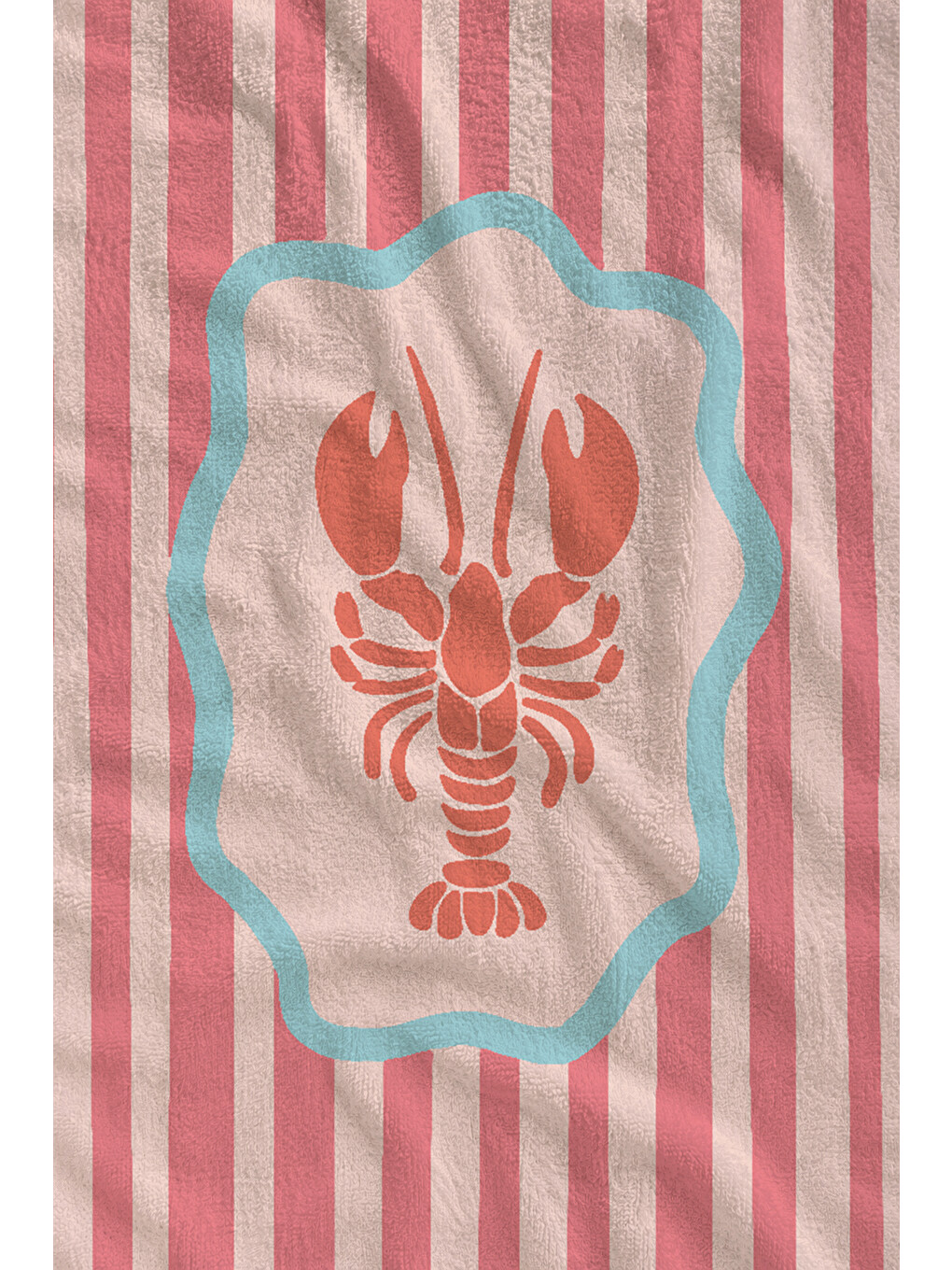 Pembe Beyaz Çizgili Istakoz Desenli 70x150 Cm Dijital Baskılı Plaj Ve Banyo Havlusu-1