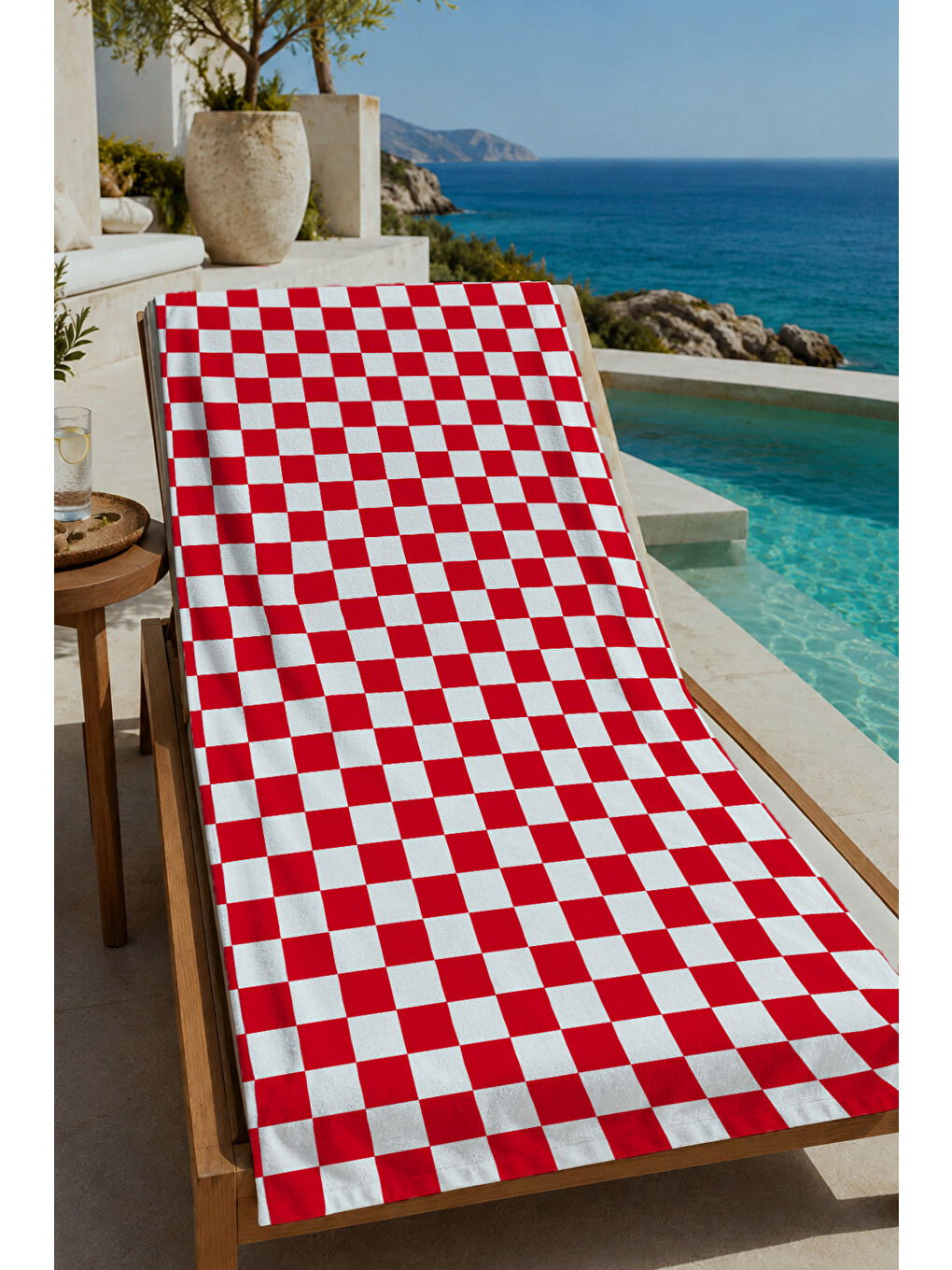 Kırmızı Beyaz Dama Desenli 70x150 Cm Dijital Baskılı Plaj Ve Banyo Havlusu