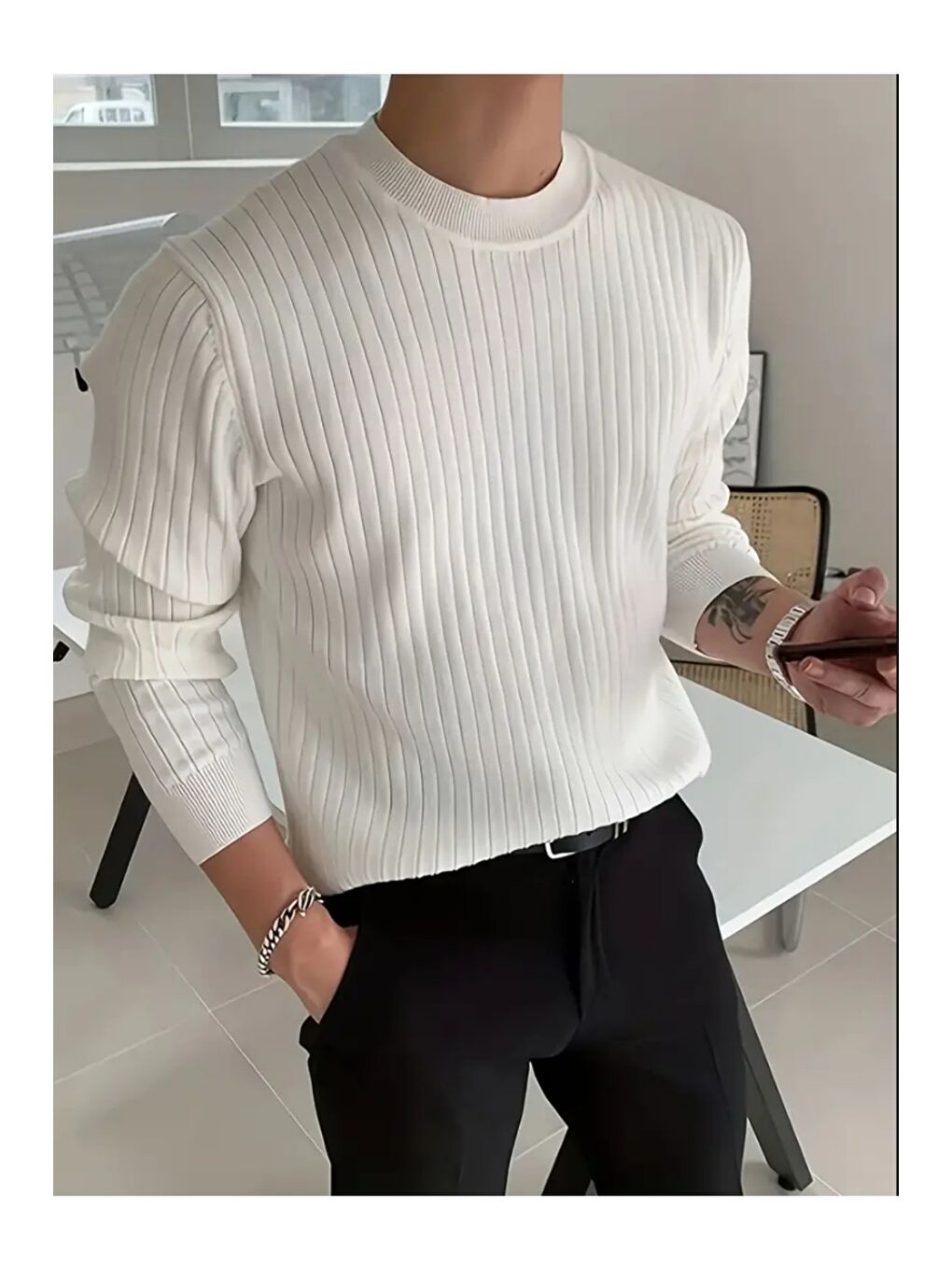 Beyaz Erkek Bisiklet Yaka Slim Fit Triko Kazak-2