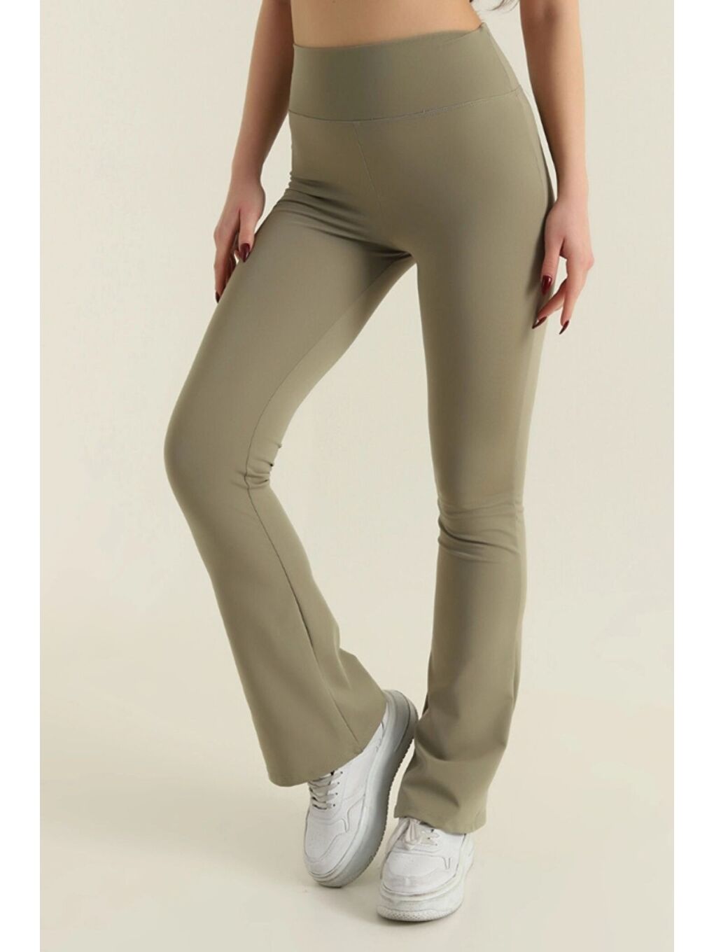 Yeşil Kadın Ekstra Yüksek Bel Toparlayıcı İspanyol Paça Dalgıç Kumaş Esnek Spor Rahat Günlük Tayt-2