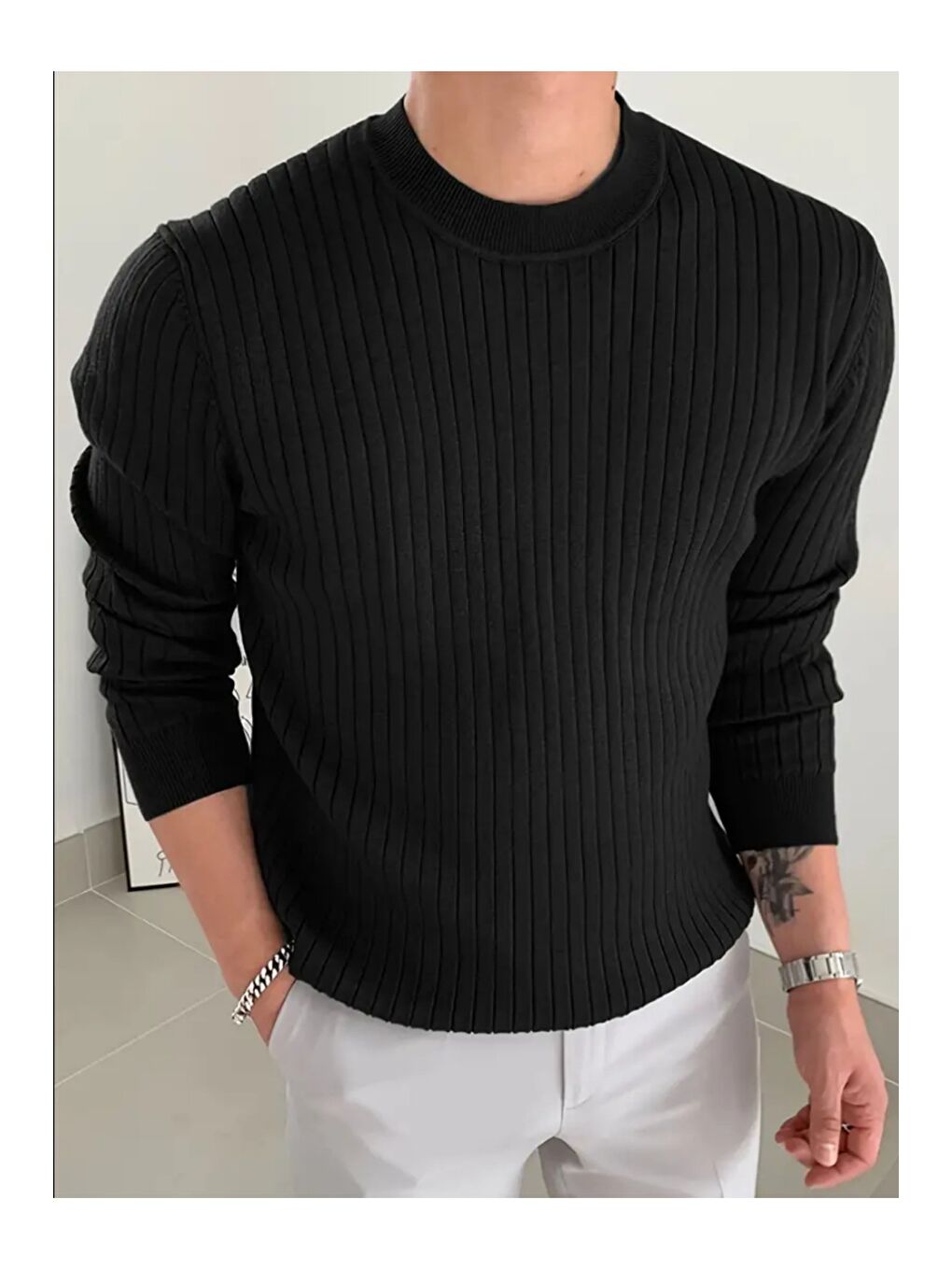 Siyah Erkek Bisiklet Yaka Slim Fit Triko Kazak-3