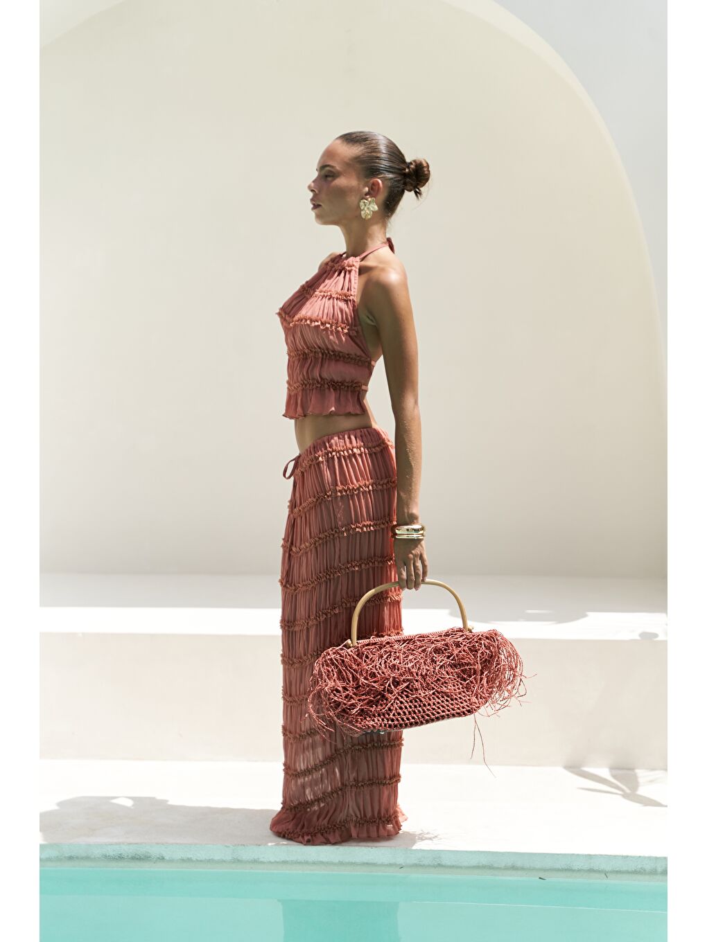 Kahverengi Sofi Transparan Tarçın Crop Etek Takım