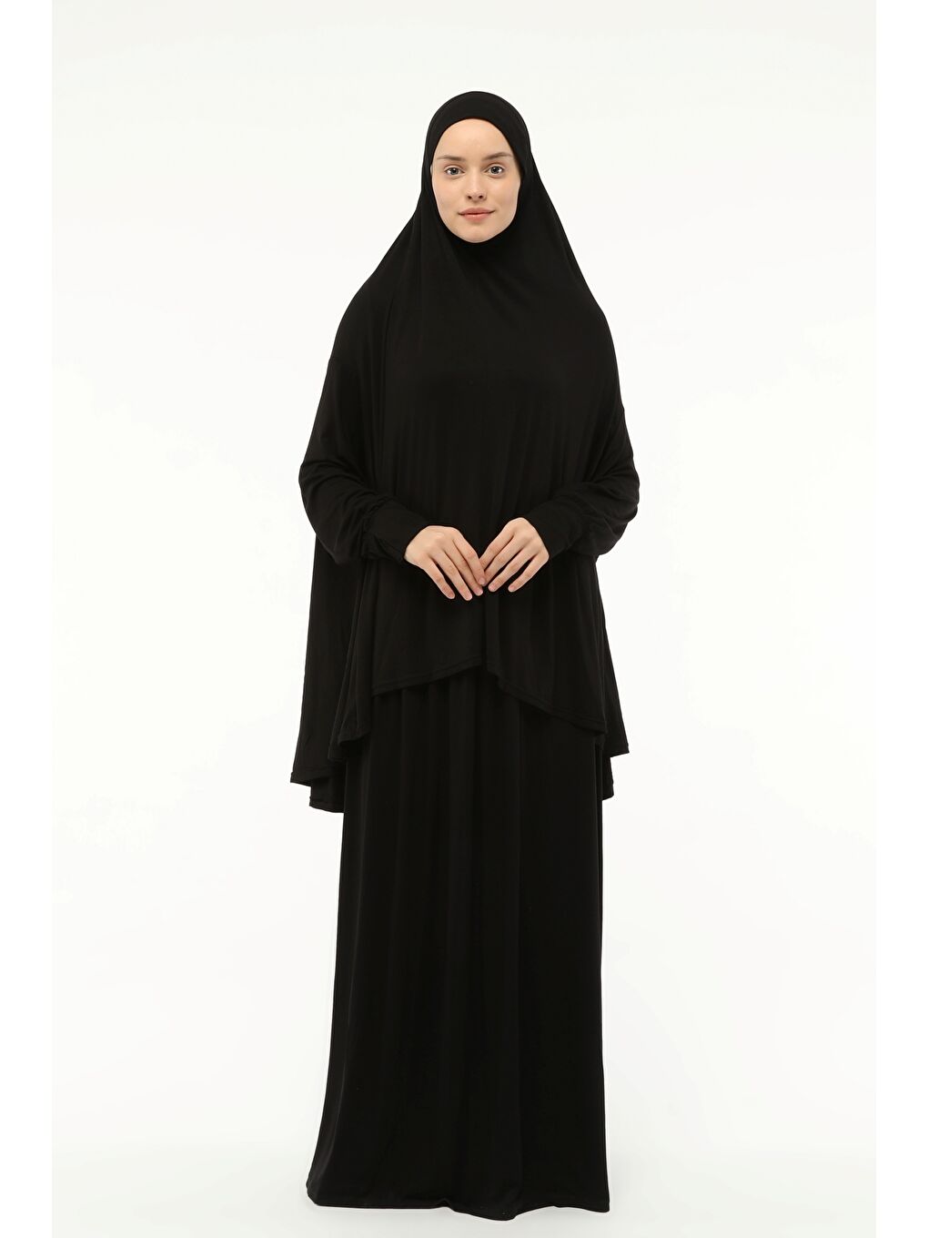 Siyah İki Parça Pamuklu Yarasa Kollu Başörtülü Organik Terletmez  Elbise-3