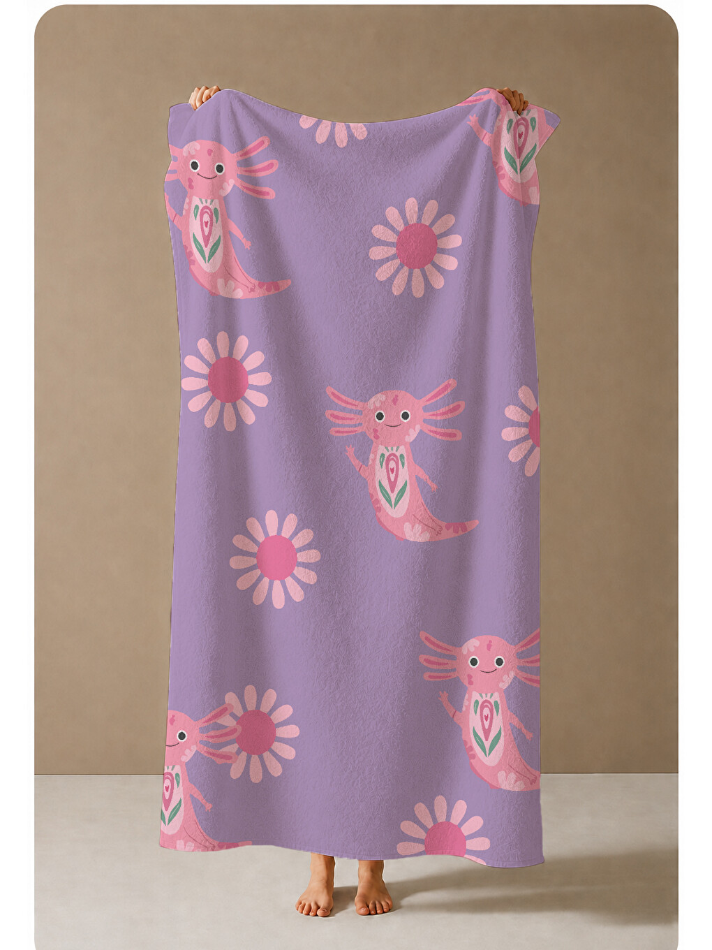 Lila Pembe Aksolotl Ve Papatya Desenli 70x150 Cm Dijital Baskılı Plaj Ve Banyo Havlusu-3