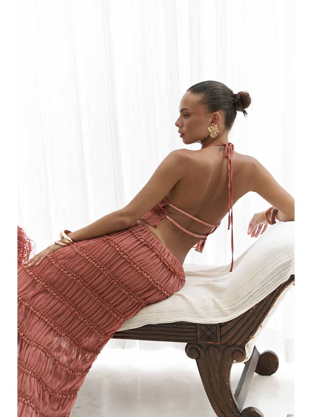 Kahverengi Sofi Transparan Tarçın Crop Etek Takım-1