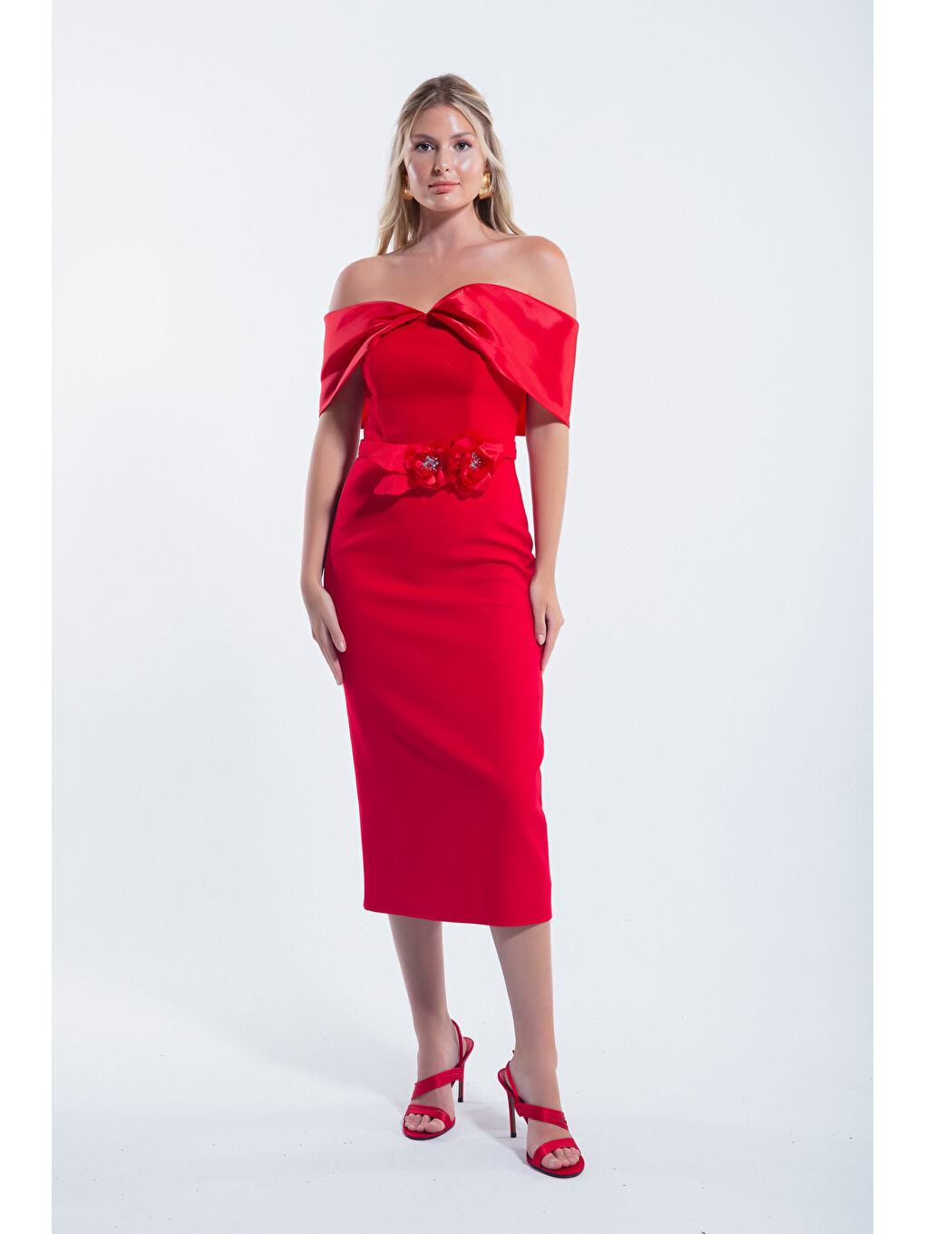 Kadın Kırmızı Kayık Yaka Fiyonklu Midi Abiye Elbise-2