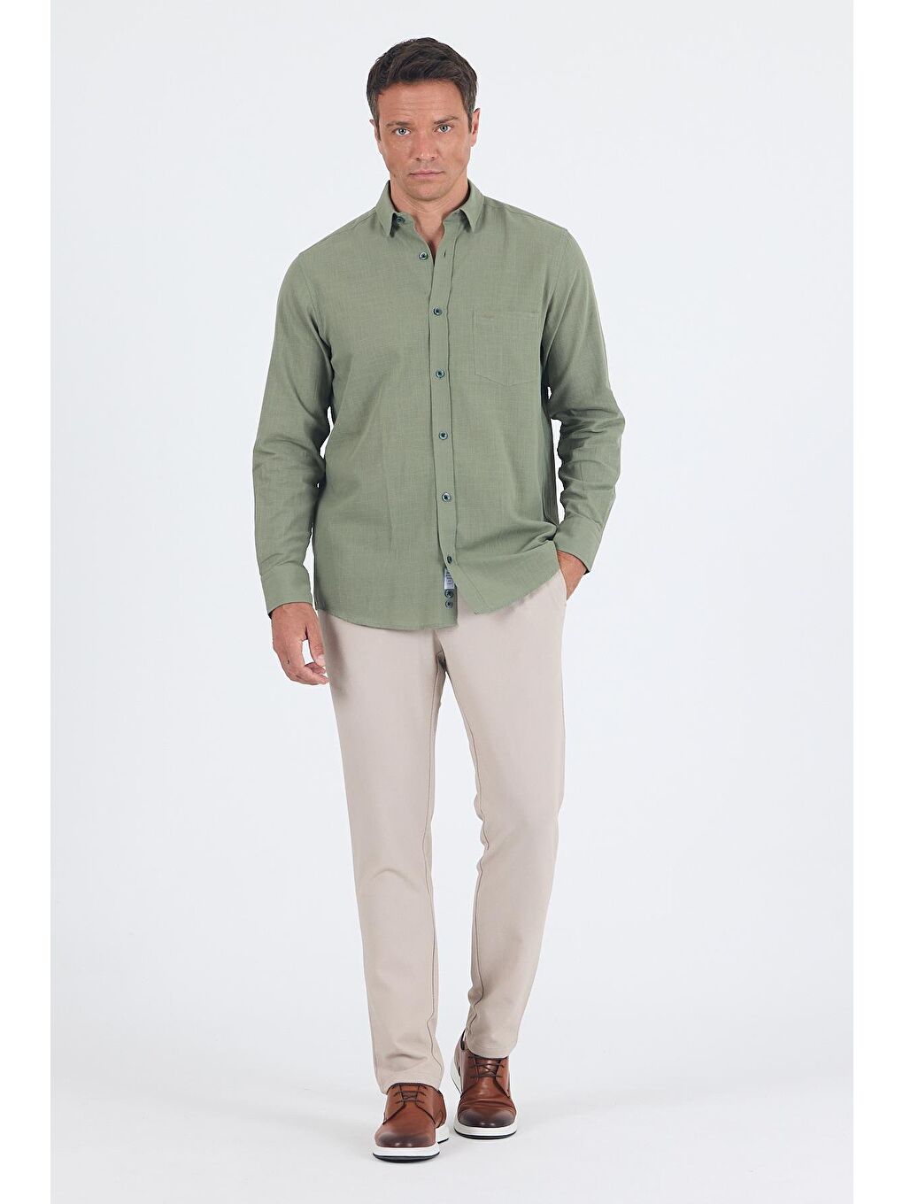 Koyu Haki Uzun Kol Düz Armür Oval Yaka Casual Comfort Fit %100 Pamuk Gömlek 1004250249-1
