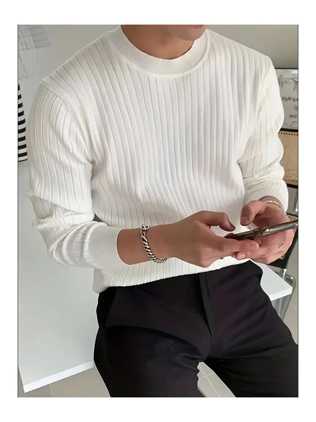 Beyaz Erkek Bisiklet Yaka Slim Fit Triko Kazak-3