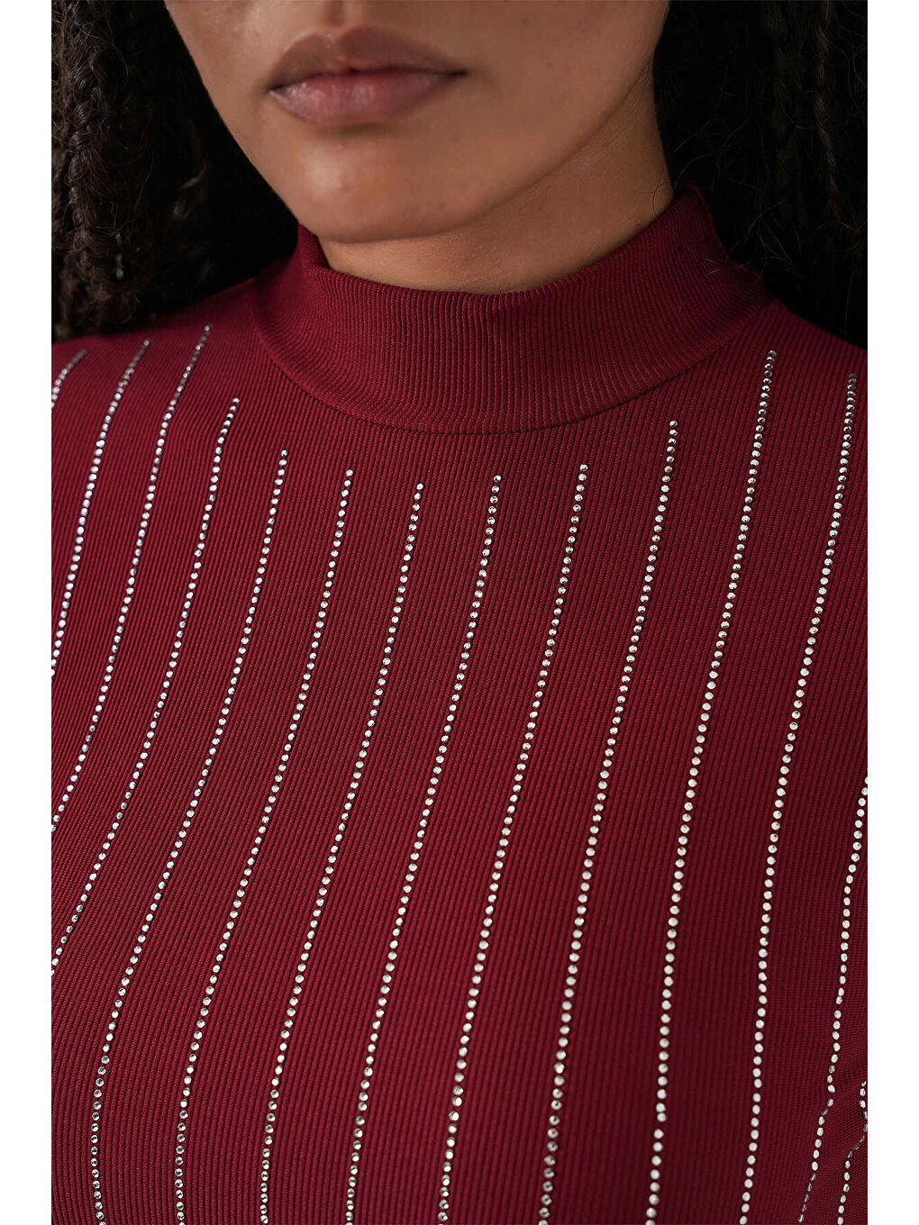 Kadın Bordo Yarım Balıkçı Önü Taşlı Body HZL25W-BD19221-4