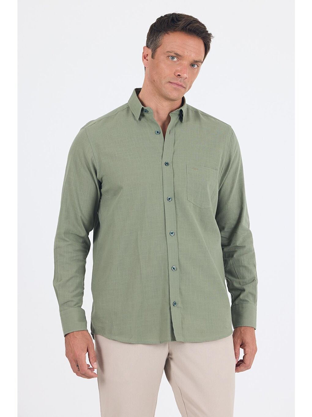 Koyu Haki Uzun Kol Düz Armür Oval Yaka Casual Comfort Fit %100 Pamuk Gömlek 1004250249-2