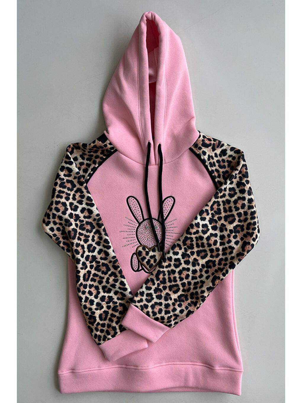 Pembe Kız Çocuk 3 İplik Alt-Üst Takım Kapüşonlu Rotasyon Desenli Nakış ve Taş Baskılı 12311-1