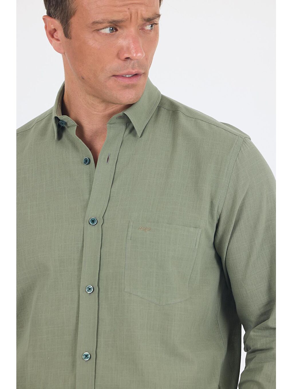 Koyu Haki Uzun Kol Düz Armür Oval Yaka Casual Comfort Fit %100 Pamuk Gömlek 1004250249-3