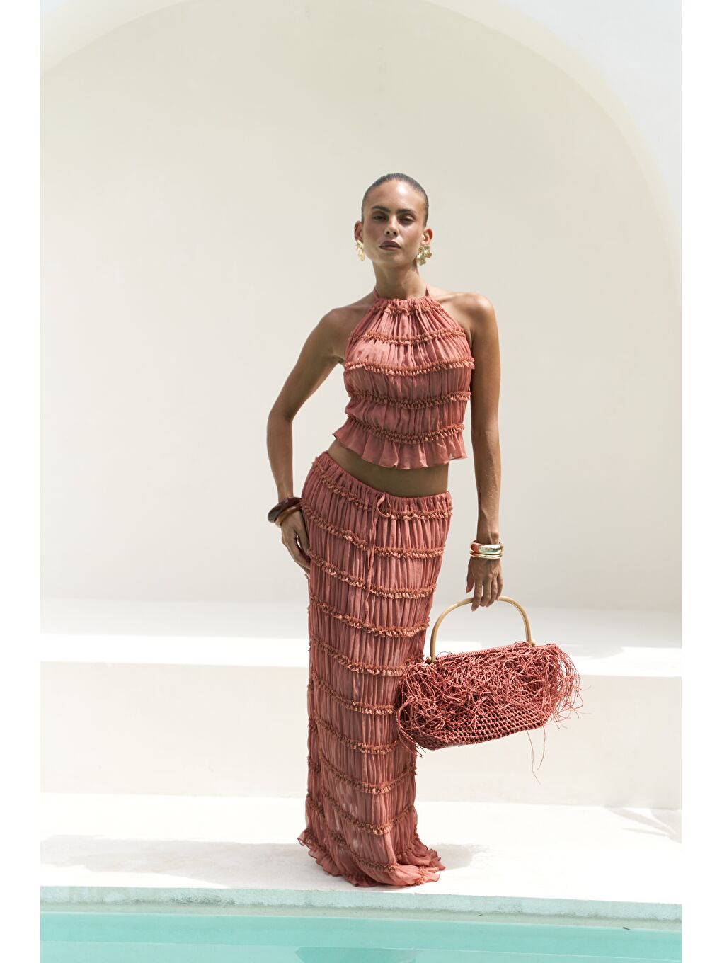 Kahverengi Sofi Transparan Tarçın Crop Etek Takım-2