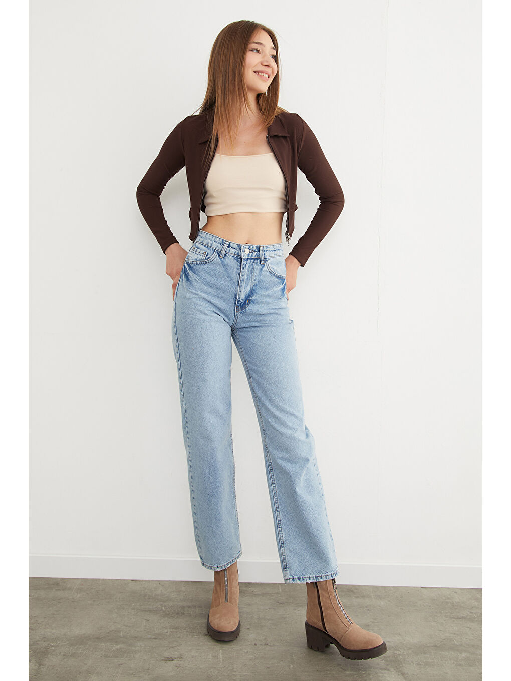 Kahverengi Çift Fermuarlı Polo Yaka Bluz-2