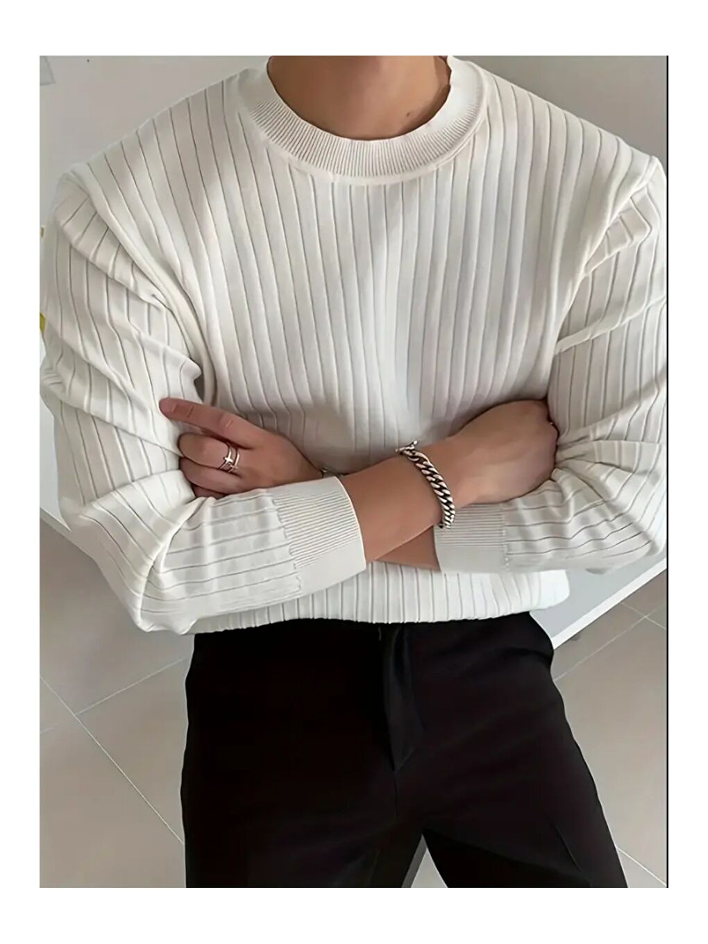 Beyaz Erkek Bisiklet Yaka Slim Fit Triko Kazak-4