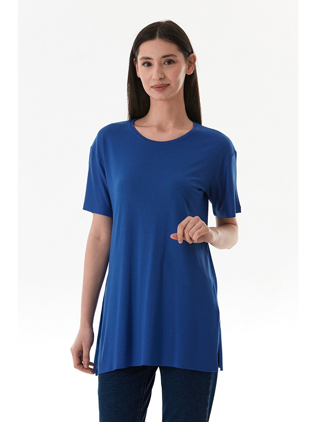 Mavi Basic Bisiklet Yaka Yanları Yırtmaçlı Elastanlı Salaş Tişört-2