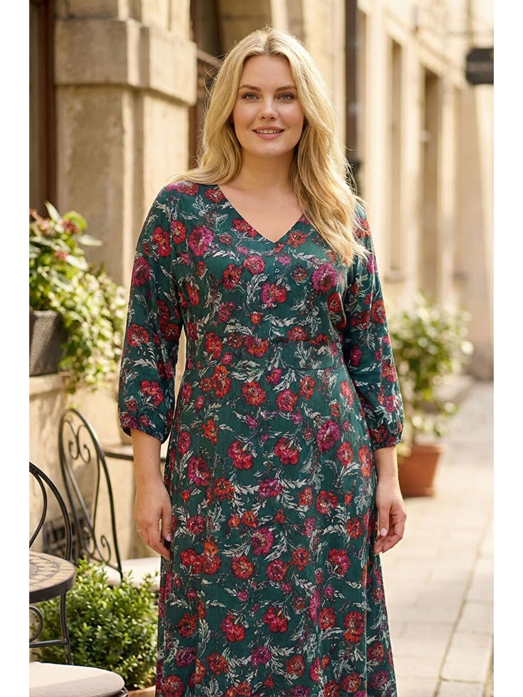 Yeşil Büyük Beden V Yaka Çiçek Desenli Fakir Kol Midi Elbise 140422-3
