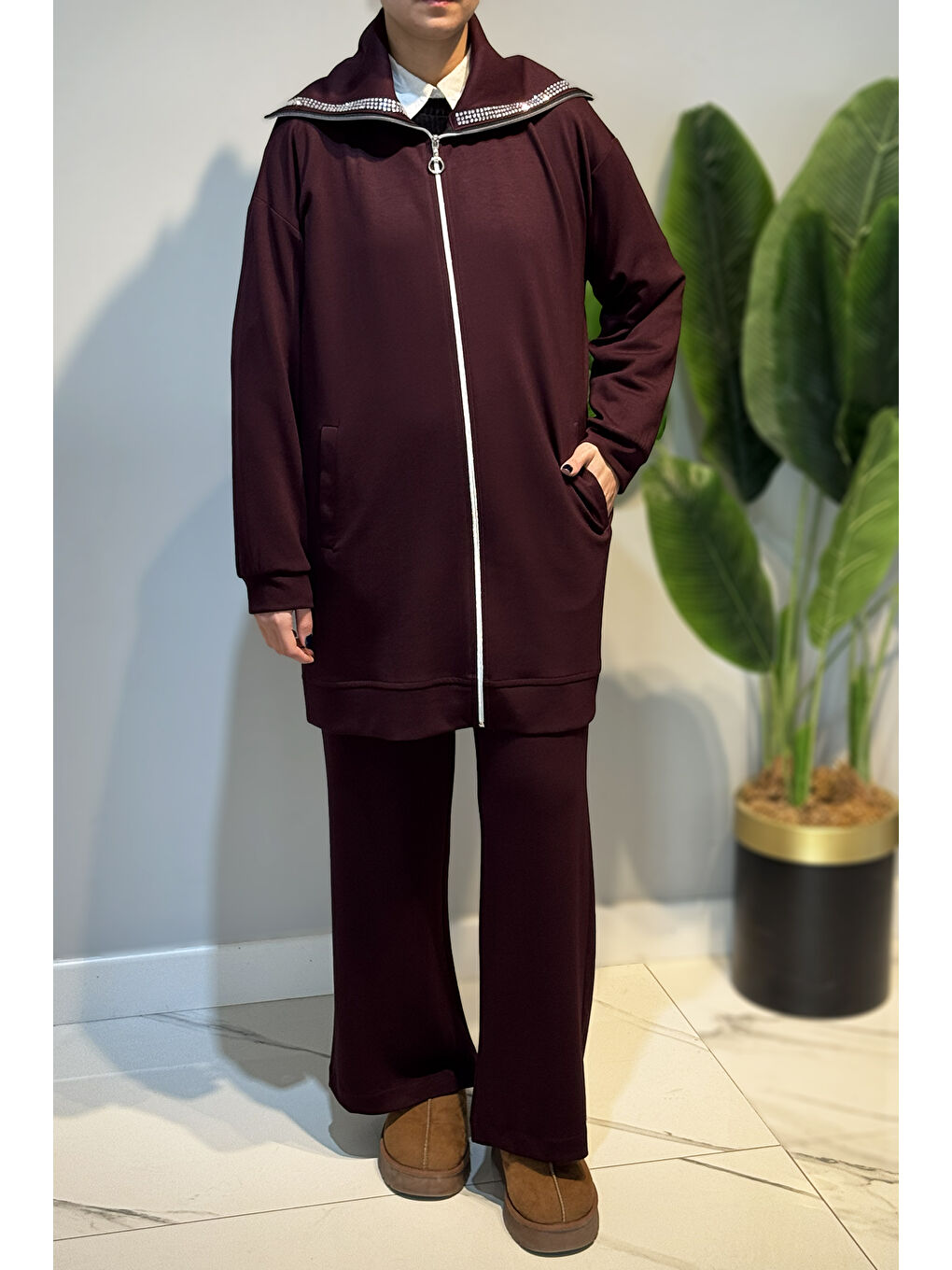 Pul Detay Önü Fermuarlı Tunik Pantolon Takım 2120 Bordo-1