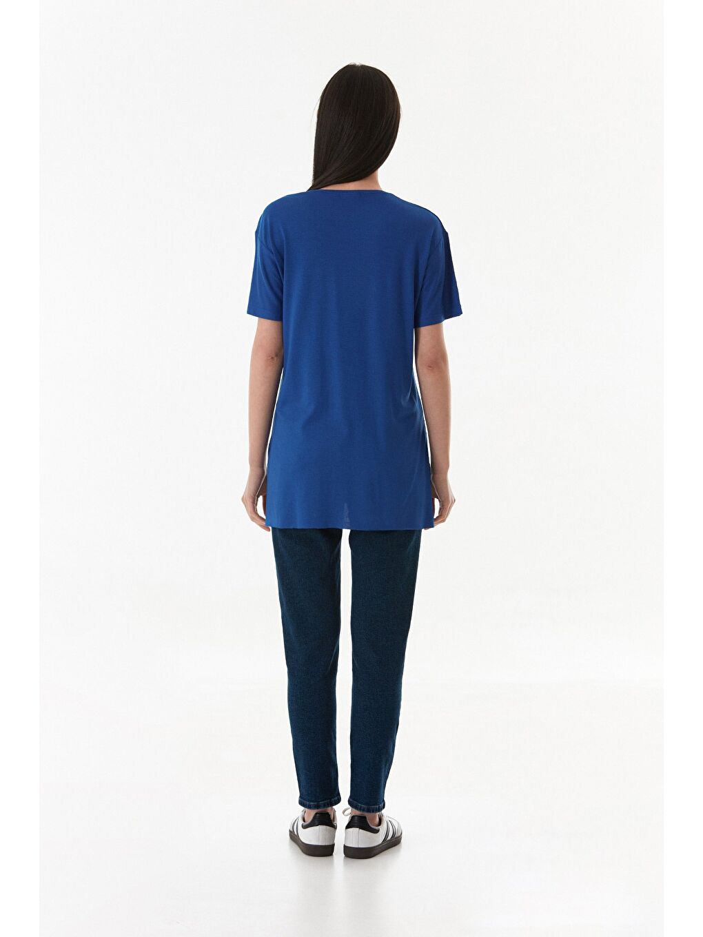 Mavi Basic Bisiklet Yaka Yanları Yırtmaçlı Elastanlı Salaş Tişört-3