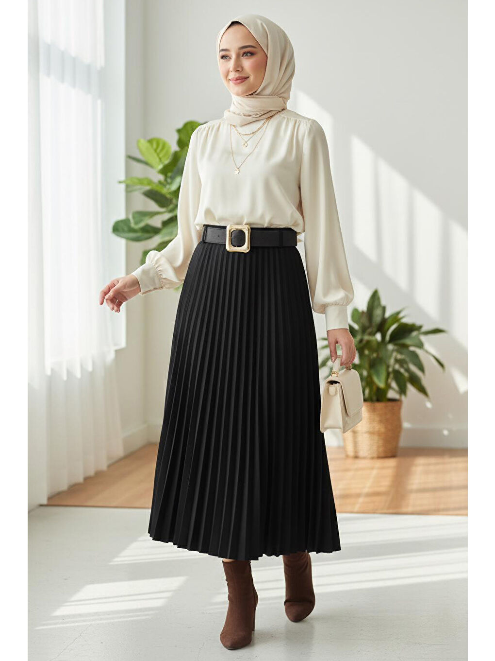 Piliseli Kemerli Süet Etek Siyah - 28092-SIYAH