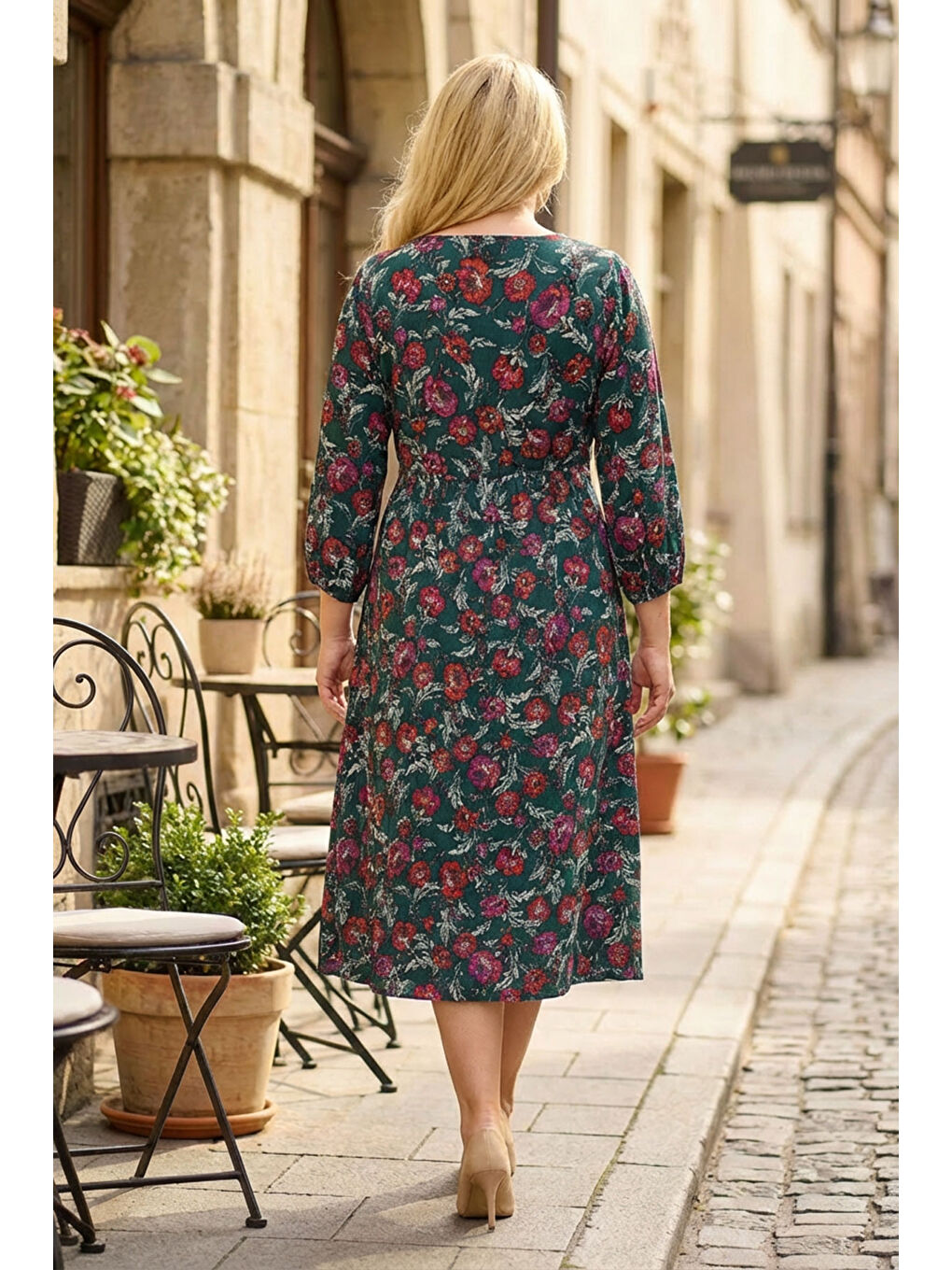 Yeşil Büyük Beden V Yaka Çiçek Desenli Fakir Kol Midi Elbise 140422-4