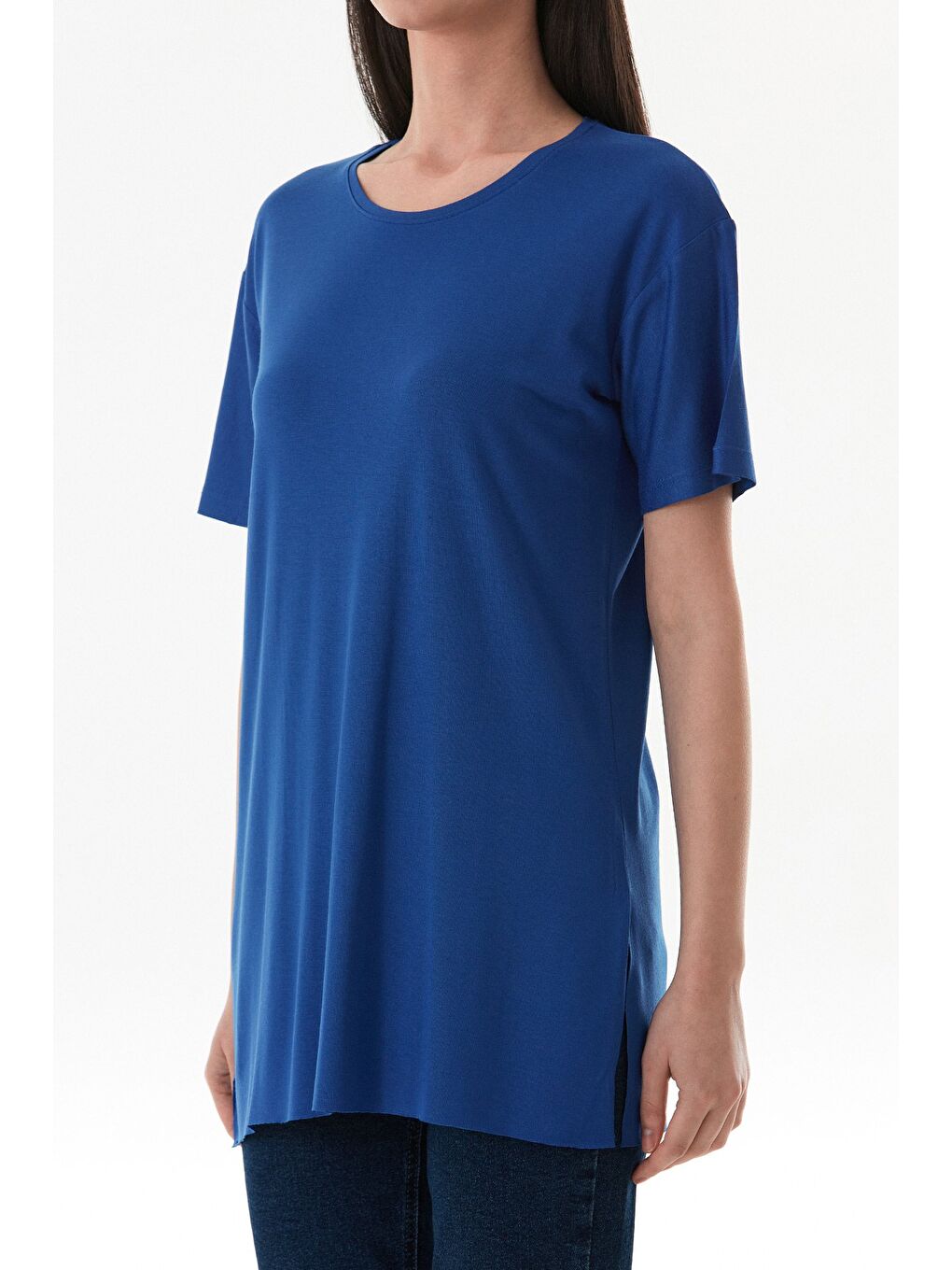 Mavi Basic Bisiklet Yaka Yanları Yırtmaçlı Elastanlı Salaş Tişört-4