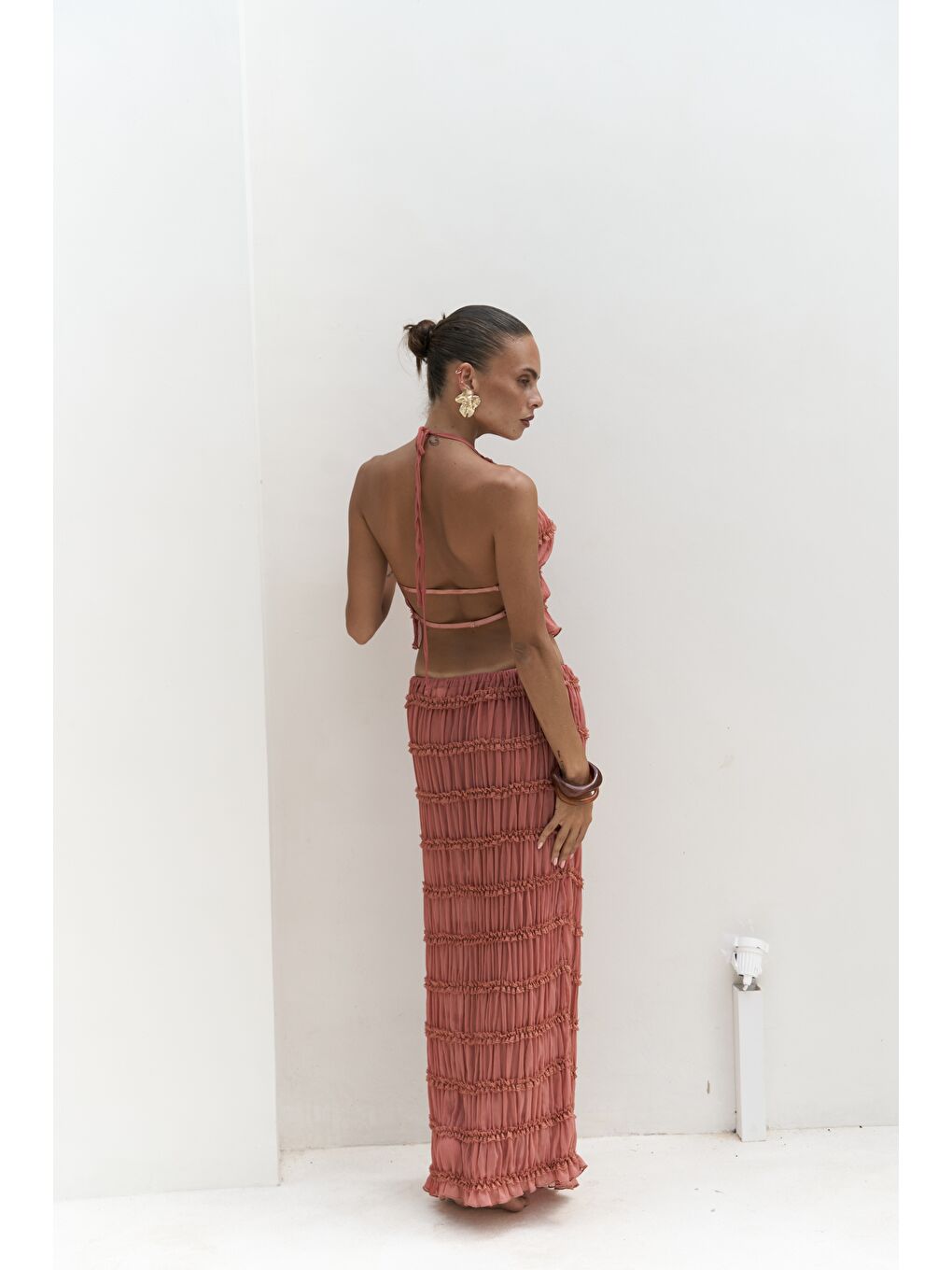 Kahverengi Sofi Transparan Tarçın Crop Etek Takım-4