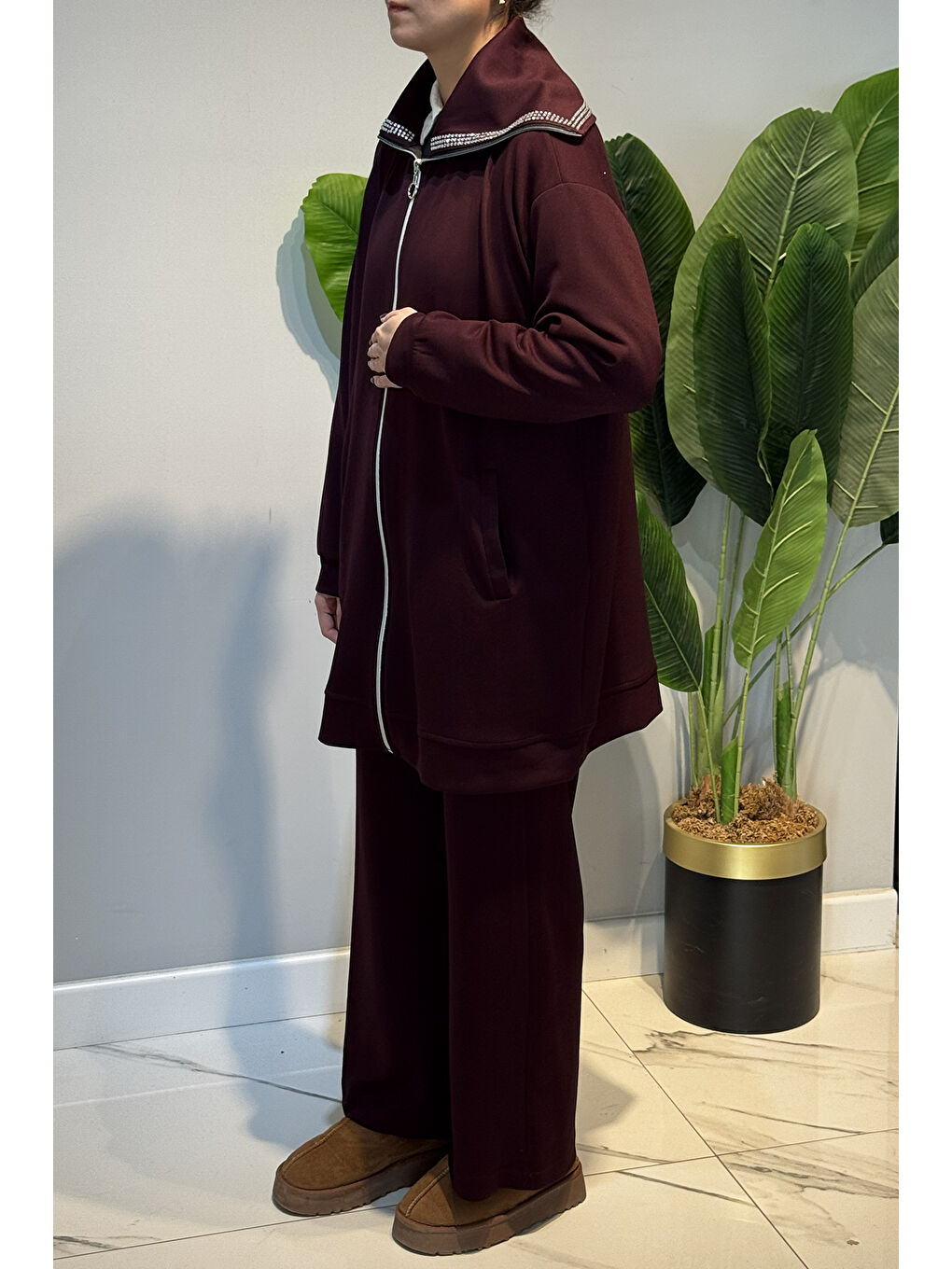 Pul Detay Önü Fermuarlı Tunik Pantolon Takım 2120 Bordo-2