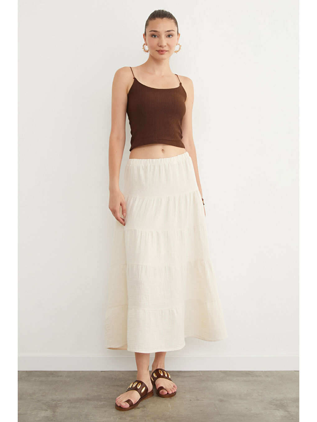 Bej Beli Lastikli Keten Görünümlü Etek-2