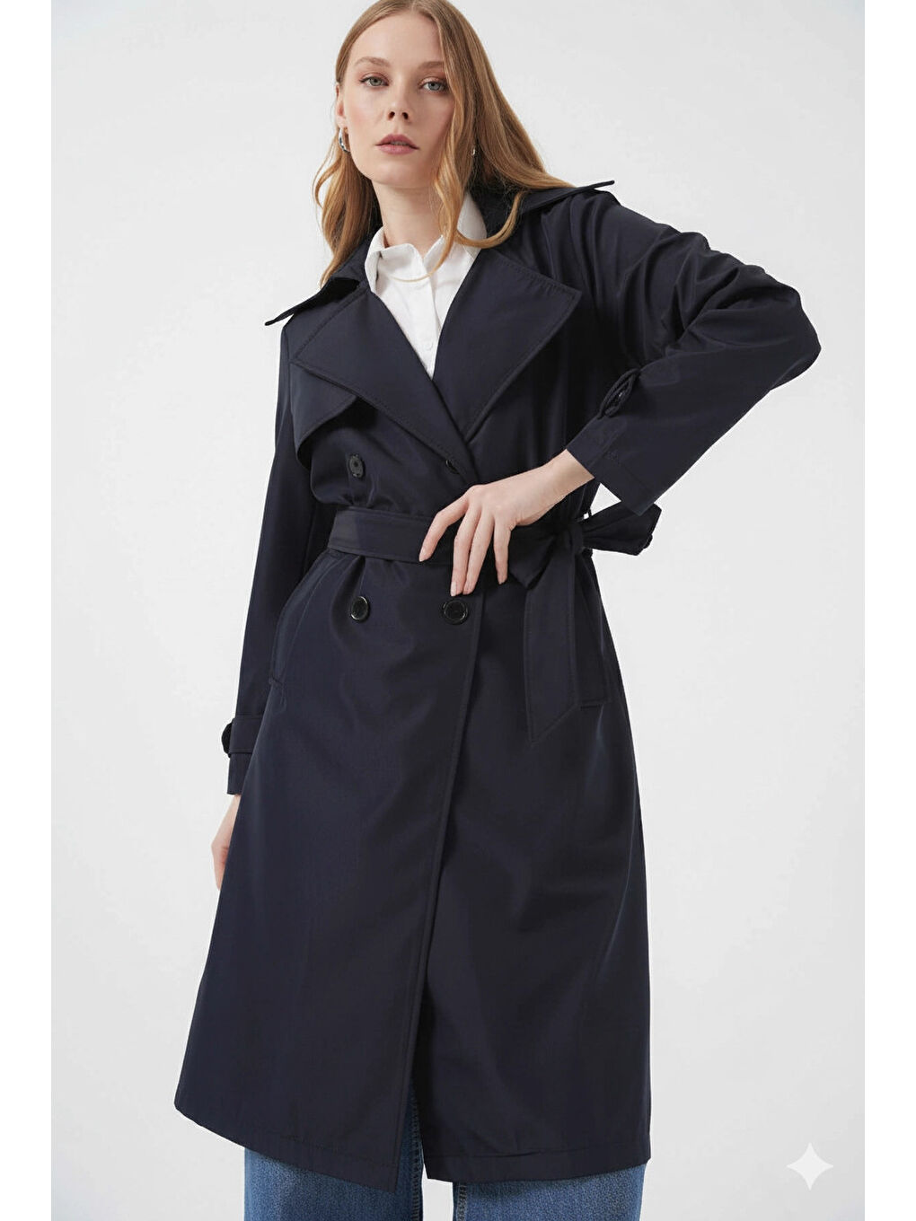Kadın Lacivert Kruvaze Yaka Kuşaklı Astarlı Trençkot HZL25W-BD159181