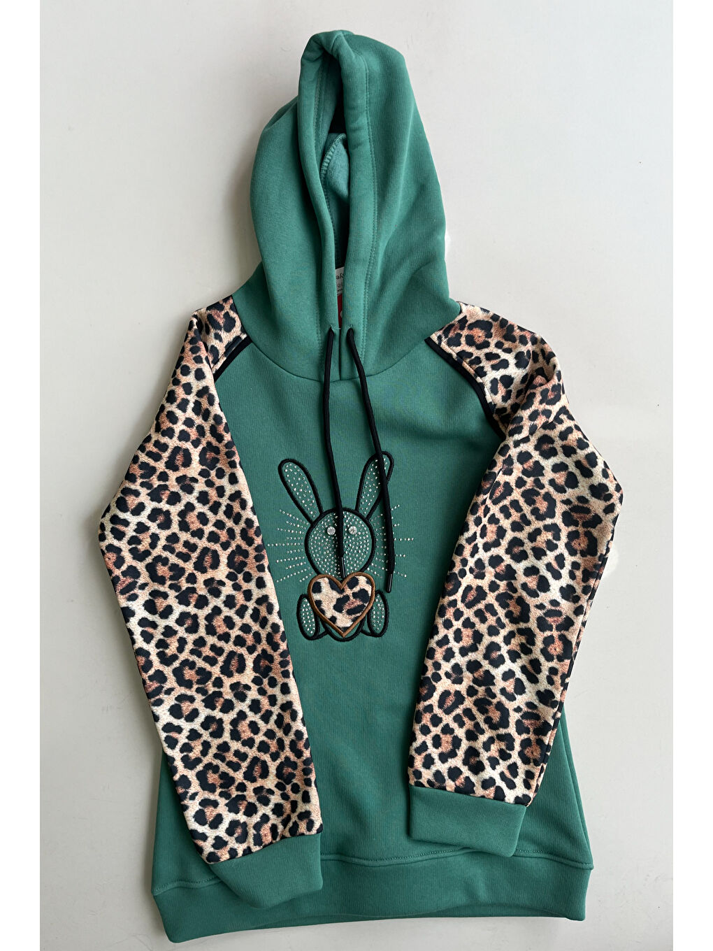 Yeşil Kız Çocuk 3 İplik Alt-Üst Takım Kapüşonlu Rotasyon Desenli Nakış ve Taş Baskılı 12311-1