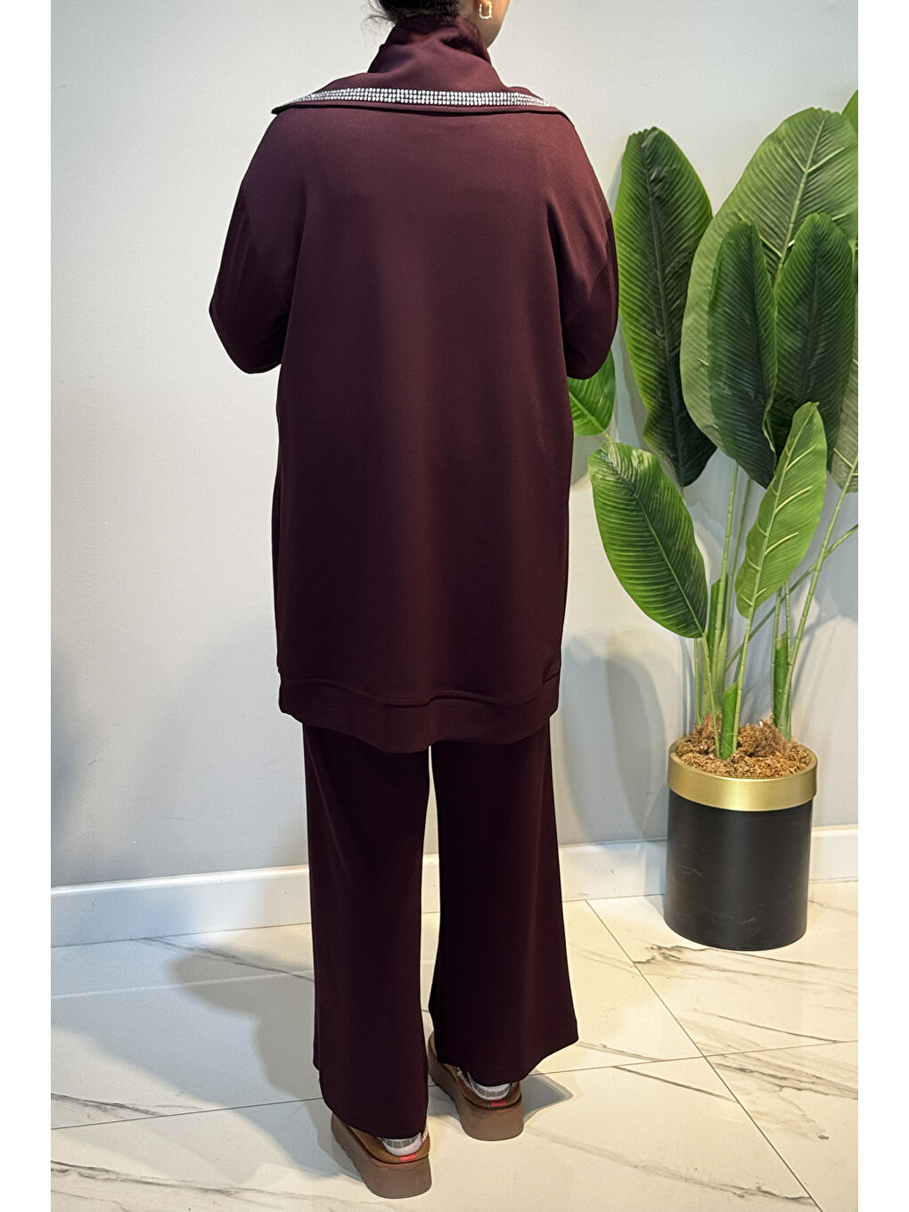 Pul Detay Önü Fermuarlı Tunik Pantolon Takım 2120 Bordo-3