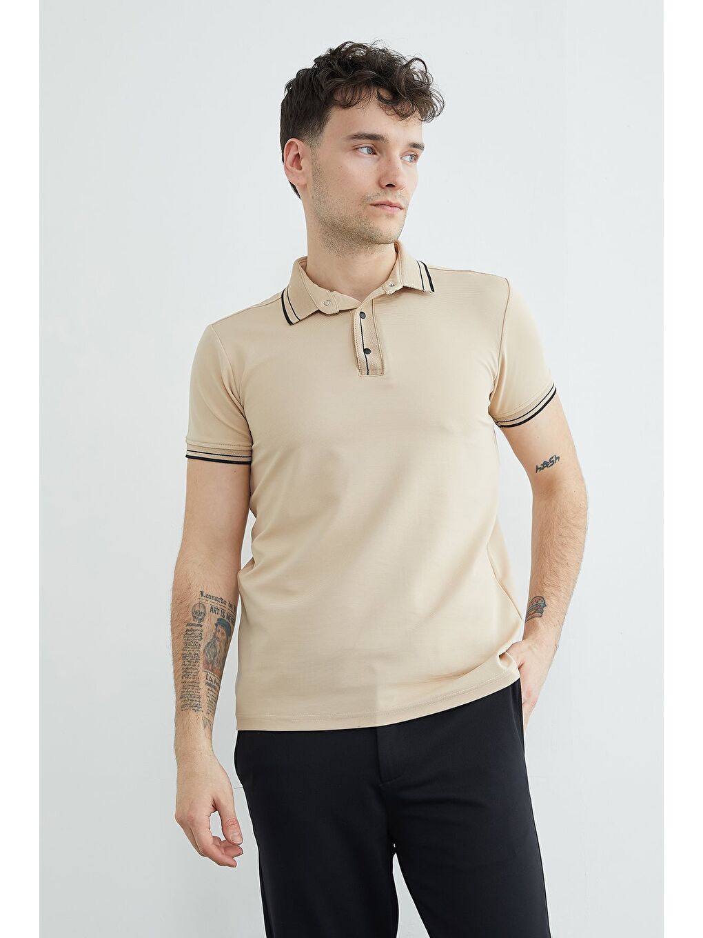 Bej Ribanalı Yarım Çıtçıtlı  Polo Yaka Tişört-1