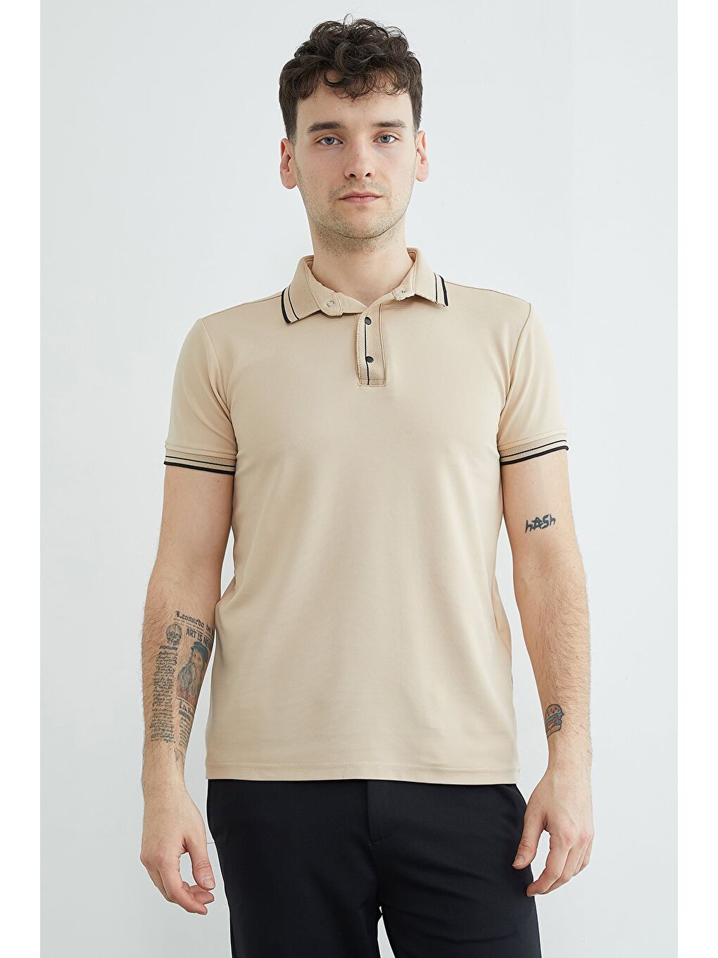 Bej Ribanalı Yarım Çıtçıtlı  Polo Yaka Tişört-3