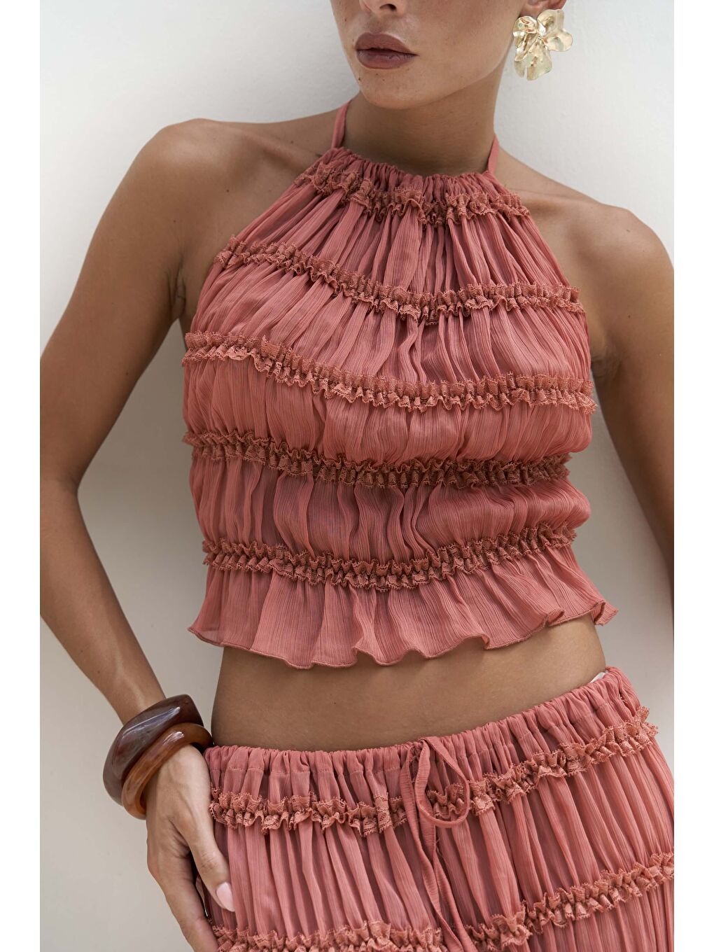 Kahverengi Sofi Transparan Tarçın Crop Etek Takım-7