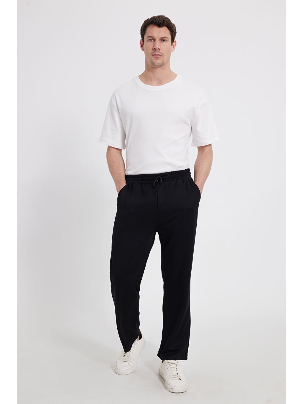 Erkek Siyah Baggy Fit Rahat Kesim Modal Kumaş Soft Doku Beli Bağcıklı Yan Cepli Eşofman Altı-3