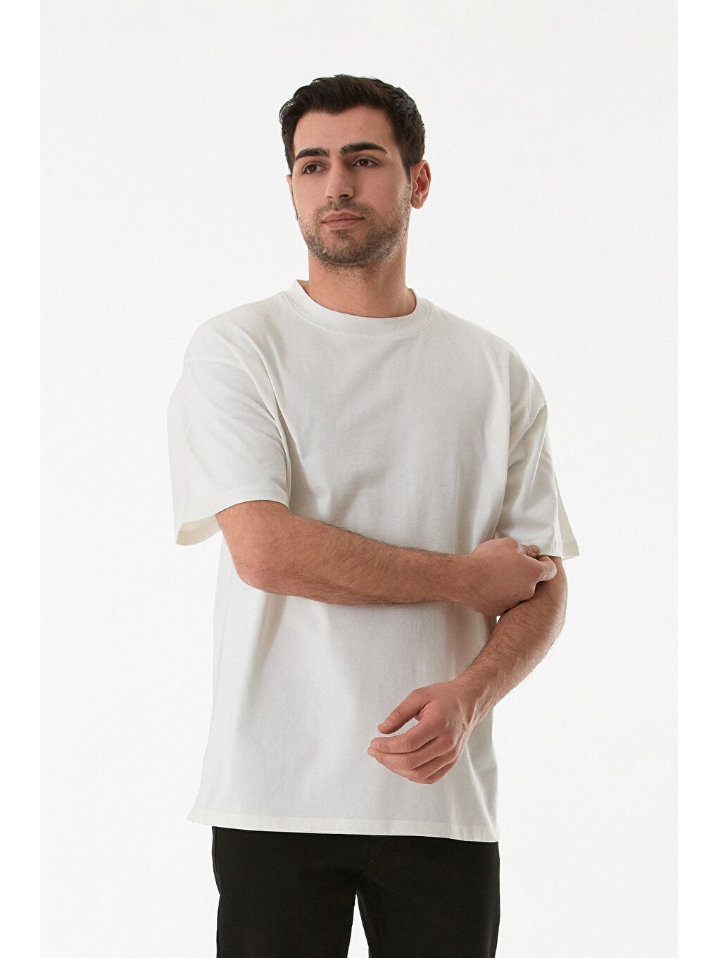 Ekru Basic Bisiklet Yaka Oversize Tişört-2