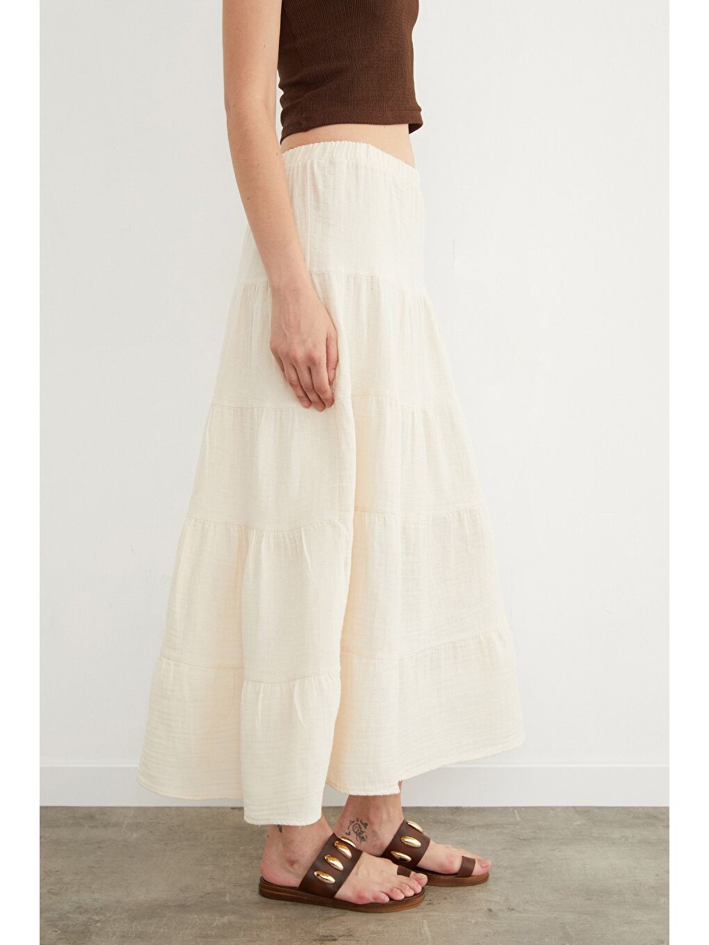 Bej Beli Lastikli Keten Görünümlü Etek-3