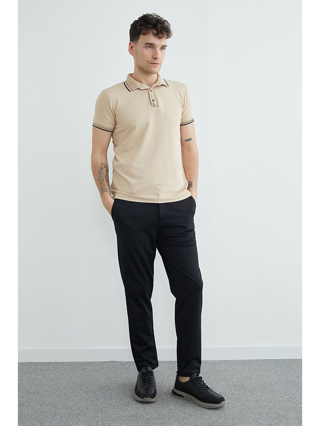 Bej Ribanalı Yarım Çıtçıtlı  Polo Yaka Tişört-4