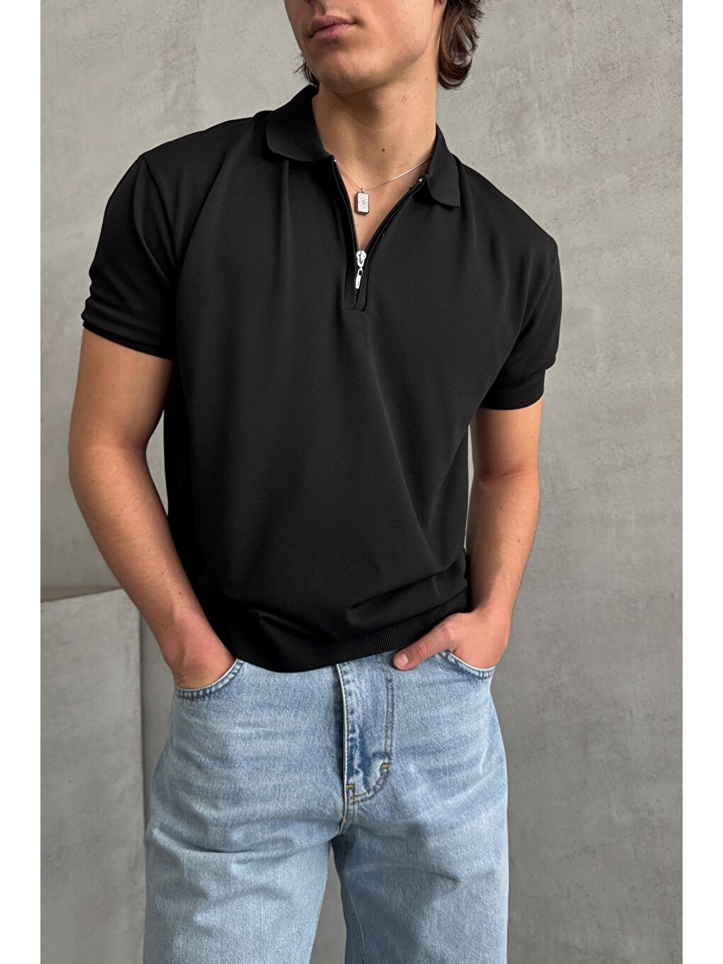 Siyah Erkek Oversize Fermuarlı Polo Yaka Triko T-Shirt-1